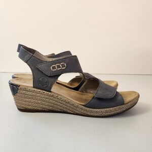 Rieker Mule Open Toe Wedge Sandals Shoes Blue Womens Size 38 7 Summer Comfort